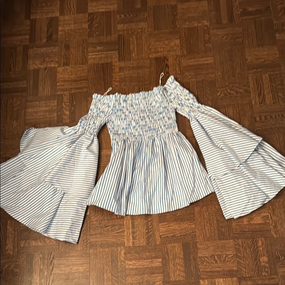 Caroline Constas Apollonia Blue and White Striped Off-Shoulder Top